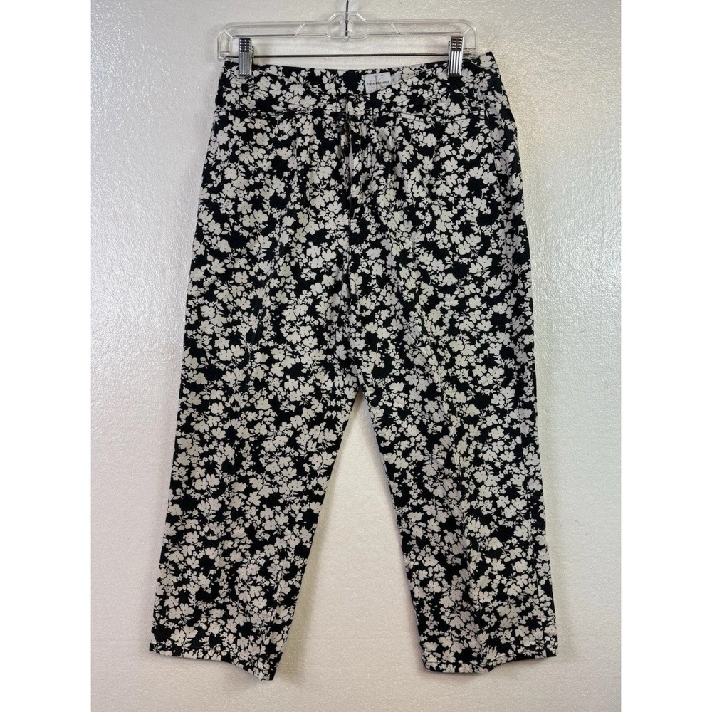 Calvin Klein Womens Capris Sz 10 Floral Black & White Cotton Pants Beach Casual